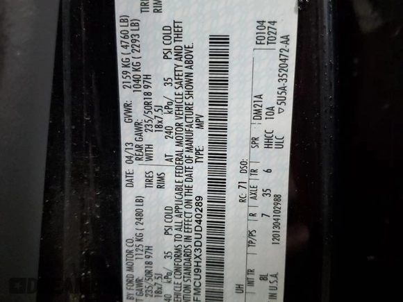 2013 Ford Escape SEL with VIN 1FMCU9HX3DUD40289, listed as a Copart auction lot 60711035 with 166,100 mi miles and Salvage title. Bid and sale history available at DreamBid. Image 13.