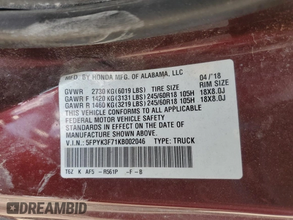 2019 Honda Ridgeline RTL-E with VIN 5FPYK3F71KB002046, listed as a Copart auction lot 61934455 with 131,674 mi miles and Salvage title. Bid and sale history available at DreamBid. Image 12.