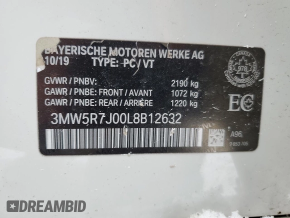 2020 BMW 3 Series 330i xDrive with VIN 3MW5R7J00L8B12632, listed as a Copart auction lot 43011785 with 74,845 mi miles and Clean Title. Bid and sale history available at carsss.com. Image 12.