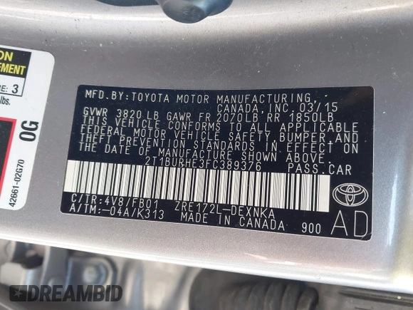 2015 Toyota Corolla L with VIN 2T1BURHE3FC389376, listed as a IAAI auction lot 41995622 with 110,370 mi miles and . Bid and sale history available at DreamBid. Image 9.