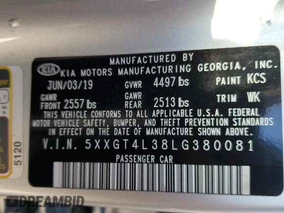 2020 Kia Optima LX with VIN 5XXGT4L38LG380081, listed as a Copart auction lot 85114114 with 0 mi miles and Salvage Title. Bid and sale history available at carsss.com. Image 13.
