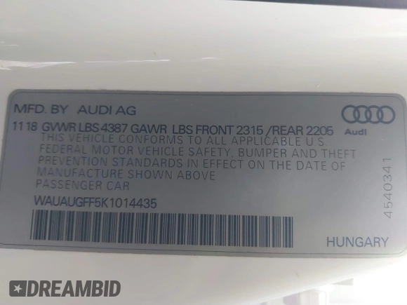 2019 Audi A3 Premium z VIN WAUAUGFF5K1014435, wystawiony jako IAAI lot #40952640 z przebiegiem 61 525 mil mil oraz . Historia ofert i sprzedaży dostępna na DreamBid. Obrazek 9.