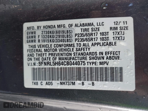 2012 Honda Odyssey EX-L with VIN 5FNRL5H64CB044075, listed as a IAAI auction lot 42094680 with 67,165 mi miles and . Bid and sale history available at carsss.com. Image 9.