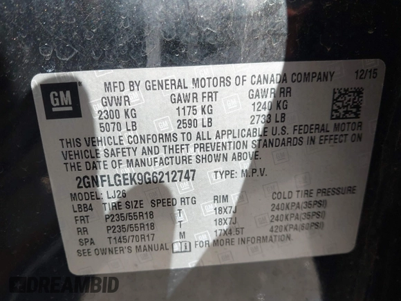 2016 Chevrolet Equinox LTZ with VIN 2GNFLGEK9G6212747, listed as a IAAI auction lot 41956633 with 114,058 mi miles and . Bid and sale history available at DreamBid. Image 9.