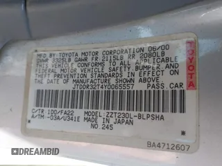 2000 Toyota Celica GT z VIN JTDDR32T4Y0065557, wystawiony jako IAAI lot #41916489 z przebiegiem 180 923 mil mil oraz . Historia ofert i sprzedaży dostępna na DreamBid. Obrazek 9.