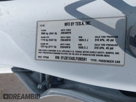 2020 Tesla Model 3 Standard Range Plus with VIN 5YJ3E1EAXLF590591, listed as a IAAI auction lot 42140338 with 79,342 mi miles and . Bid and sale history available at DreamBid. Image 9.