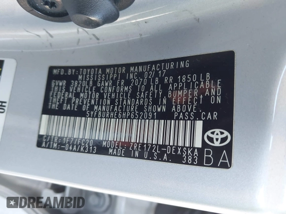 2017 Toyota Corolla L z VIN 5YFBURHE6HP652091, wystawiony jako IAAI lot #42131898 z przebiegiem 380 284 mil mil oraz . Historia ofert i sprzedaży dostępna na DreamBid. Obrazek 9.