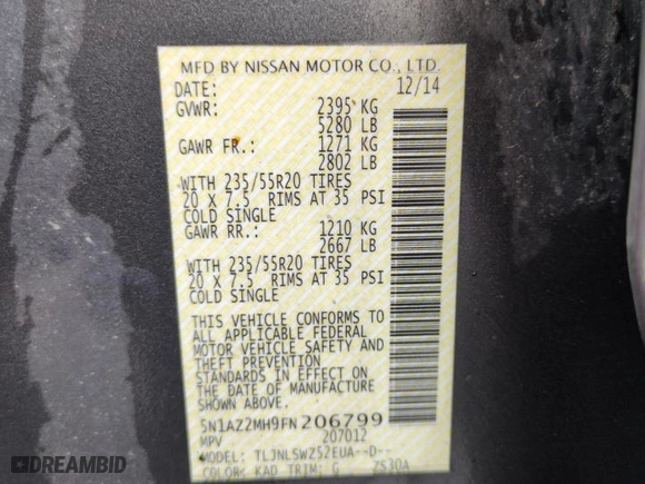 2015 Nissan Murano SL with VIN 5N1AZ2MH9FN206799, listed as a Copart auction lot 50927125 with 98,098 mi miles and Salvage Title. Bid and sale history available at carsss.com. Image 14.