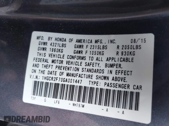 2016 Honda Accord Sedan EX with VIN 1HGCR2F70GA001447, listed as a IAAI auction lot 42017886 with 125,919 mi miles. Bid and sale history available at carsss.com. Image 9.