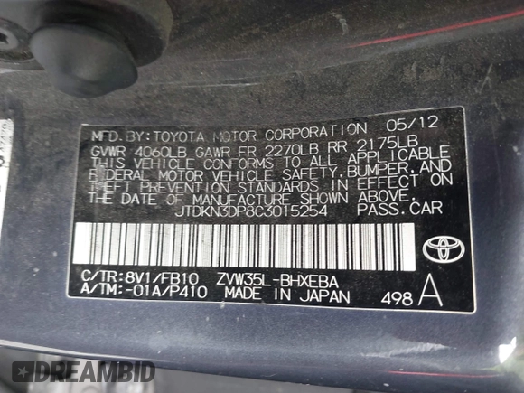 2012 Toyota Prius with VIN JTDKN3DP8C3015254, listed as a IAAI auction lot 42359236 with 170,083 mi miles and . Bid and sale history available at DreamBid. Image 9.