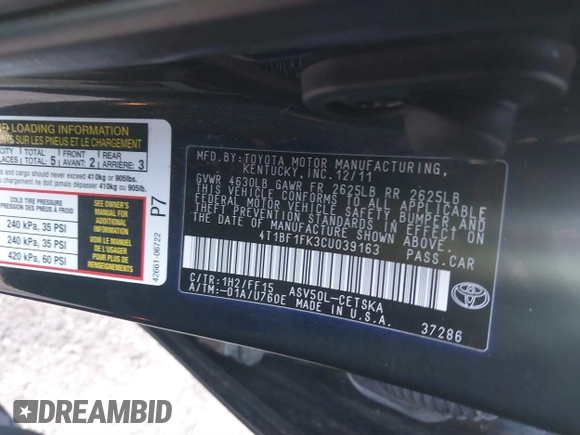 2012 Toyota Camry L with VIN 4T1BF1FK3CU039163, listed as a IAAI auction lot 41822537 with 166,869 mi miles and . Bid and sale history available at carsss.com. Image 9.
