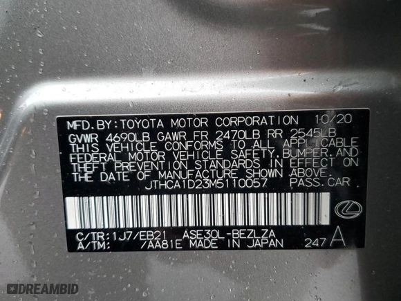 2021 Lexus IS with VIN JTHCA1D23M5110057, listed as a Copart auction lot 49008875 with 29,696 mi miles and Salvage Title. Bid and sale history available at carsss.com. Image 12.