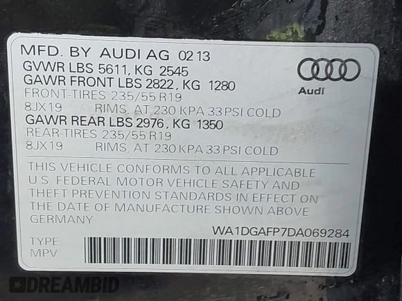 2013 Audi Q5 Premium Plus с VIN WA1DGAFP7DA069284, выставлен на аукционе IAAI как лот 41909339 с пробегом 105 457 миль миль и . История ставок и продаж доступна на DreamBid. Изображение 9.