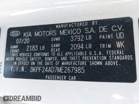 2021 Kia Forte FE with VIN 3KPF24AD7ME267985, listed as a IAAI auction lot 41686352 with 75,661 mi miles. Bid and sale history available at carsss.com. Image 9.