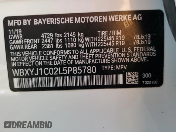 2020 BMW X2 xDrive28i with VIN WBXYJ1C02L5P85780, listed as a Copart auction lot 43665555 with 14,451 mi miles and Salvage Title. Bid and sale history available at carsss.com. Image 12.