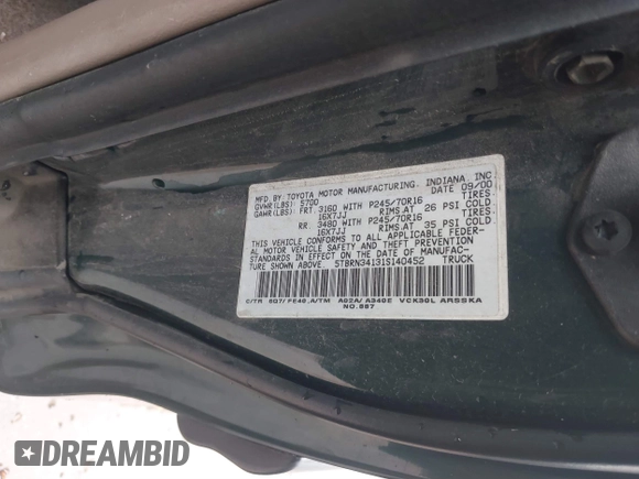 2001 Toyota Tundra SR5 with VIN 5TBRN34131S140452, listed as a IAAI auction lot 41563051 with Not Provided miles and . Bid and sale history available at DreamBid. Image 9.