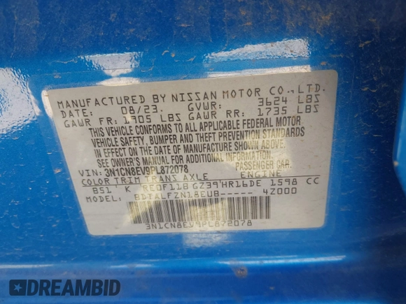 2023 Nissan Versa SV z VIN 3N1CN8EV9PL872078, wystawiony jako IAAI lot #41691866 z przebiegiem 8 083 mil mil oraz . Historia ofert i sprzedaży dostępna na DreamBid. Obrazek 9.