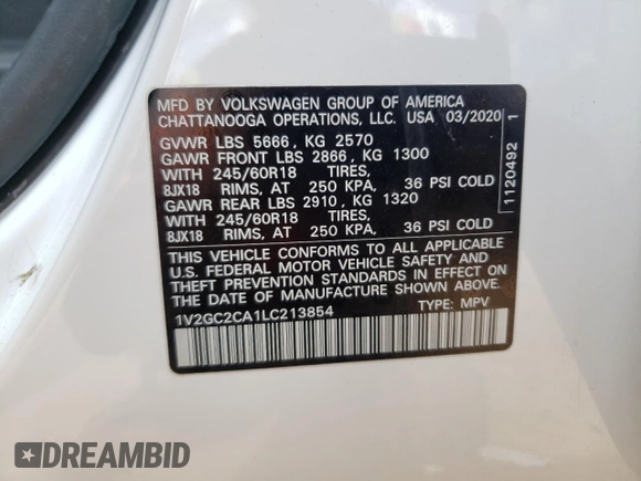 2020 Volkswagen Atlas S с VIN 1V2GC2CA1LC213854, выставлен на аукционе Copart как лот 55508045 с пробегом 90 599 миль миль и Списание • Salvage title. История ставок и продаж доступна на DreamBid. Изображение 14.