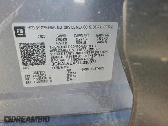 2020 GMC Terrain SLT with VIN 3GKALVEX3LL310072, listed as a Copart auction lot 56194995 with 98,090 mi miles and Salvage title. Bid and sale history available at DreamBid. Image 12.
