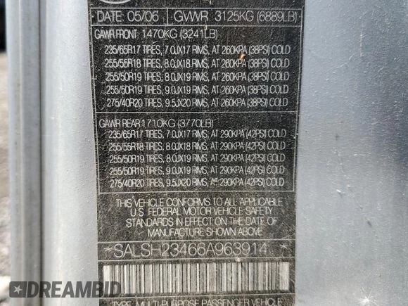 2006 Land Rover Range Rover Sport SC with VIN SALSH23466A963914, listed as a Copart auction lot 62669715 with Not provided miles and Salvage title. Bid and sale history available at DreamBid. Image 13.