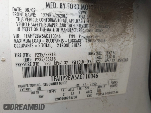 2010 Ford Taurus SEL с VIN 1FAHP2EW5AG110046, выставлен на аукционе IAAI как лот 41993177 с пробегом 221 960 миль миль и . История ставок и продаж доступна на DreamBid. Изображение 9.