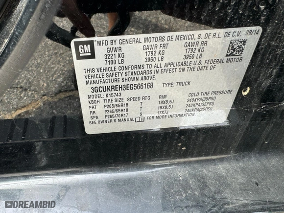 2014 Chevrolet Silverado 1500 LT with VIN 3GCUKREH3EG566168, listed as a Copart auction lot 73870204 with 184,844 mi miles and Clean Title. Bid and sale history available at carsss.com. Image 10.