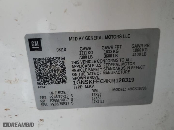 2019 Chevrolet Tahoe Commercial with VIN 1GNSKFEC4KR128319, listed as a Copart auction lot 83878674 with 129,751 mi miles and Clean Title. Bid and sale history available at carsss.com. Image 13.