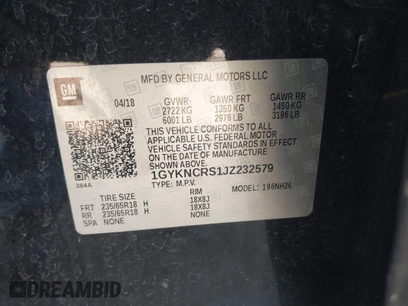 2018 Cadillac XT5 Luxury FWD with VIN 1GYKNCRS1JZ232579, listed as a IAAI auction lot 41791065 with 82,686 mi miles and . Bid and sale history available at DreamBid. Image 9.