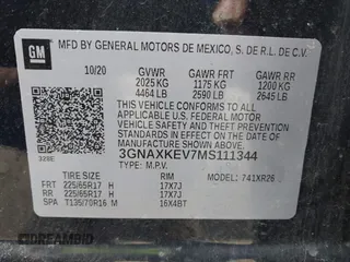2021 Chevrolet Equinox LT with VIN 3GNAXKEV7MS111344, listed as a IAAI auction lot 41639590 with 60,499 mi miles. Bid and sale history available at carsss.com. Image 9.