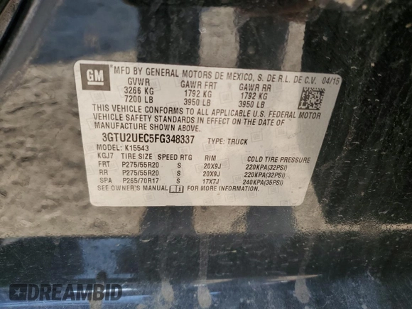 2015 GMC Sierra 1500 SLE z VIN 3GTU2UEC5FG348337, wystawiony jako Copart lot #53027175 z przebiegiem 154 189 mil mil oraz Szkoda całkowita • Salvage title. Historia ofert i sprzedaży dostępna na DreamBid. Obrazek 14.