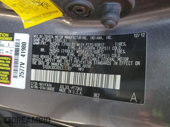 2013 Toyota Sienna L с VIN 5TDZK3DCXDS322283, выставлен на аукционе Copart как лот 43822525 с пробегом 151 341 миль миль и Списание • Salvage title. История ставок и продаж доступна на DreamBid. Изображение 15.