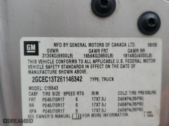 2006 Chevrolet Silverado 1500 LT2 with VIN 2GCEC13T261146342, listed as a Copart auction lot 85500374 with 0 mi miles and Salvage Title. Bid and sale history available at carsss.com. Image 12.