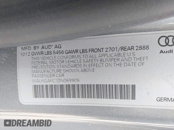 2013 Audi A7 Premium Plus with VIN WAUYGAFC1DN069906, listed as a IAAI auction lot 41906962 with 203,149 mi miles and . Bid and sale history available at DreamBid. Image 9.