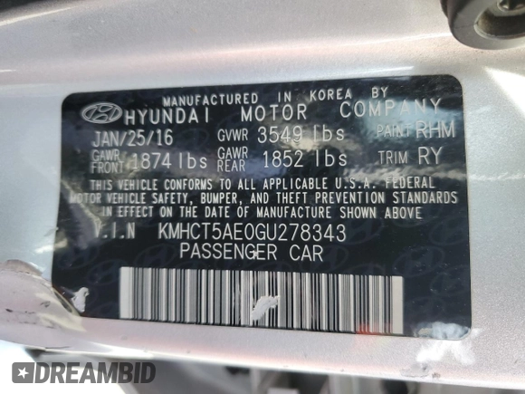 2016 Hyundai Accent SE z VIN KMHCT5AE0GU278343, wystawiony jako Copart lot #52449145 z przebiegiem 82 718 mil mil oraz Szkoda całkowita • Salvage title. Historia ofert i sprzedaży dostępna na DreamBid. Obrazek 14.