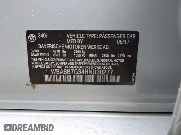 2017 BMW 3 Series 340i xDrive with VIN WBA8B7G34HNU38277, listed as a IAAI auction lot 41854202 with 150,732 mi miles and . Bid and sale history available at DreamBid. Image 9.