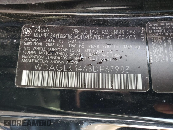 2003 BMW 7 Series 745i with VIN WBAGL63463DP67983, listed as a Copart auction lot 78225504 with Not provided miles and Clean title. Bid and sale history available at DreamBid. Image 12.