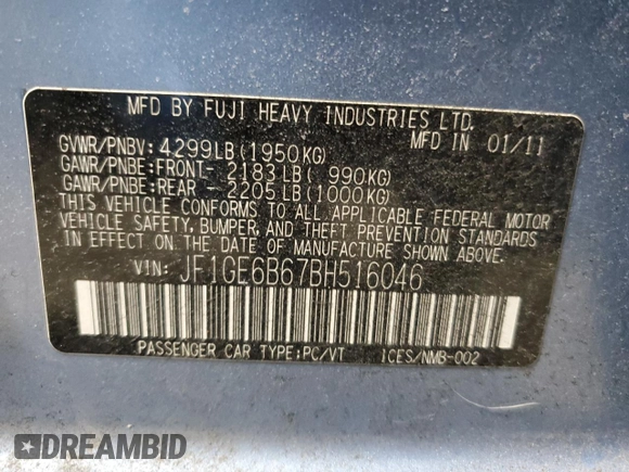 2011 Subaru Impreza Premium with VIN JF1GE6B67BH516046, listed as a Copart auction lot 50135925 with 139,209 mi miles and Salvage title. Bid and sale history available at DreamBid. Image 12.