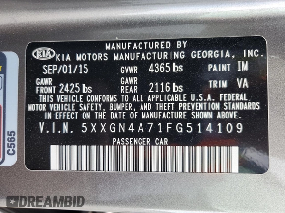 2015 Kia Optima EX с VIN 5XXGN4A71FG514109, выставлен на аукционе Copart как лот 60502465 с пробегом 190 945 миль миль и Списание • Salvage title. История ставок и продаж доступна на DreamBid. Изображение 13.