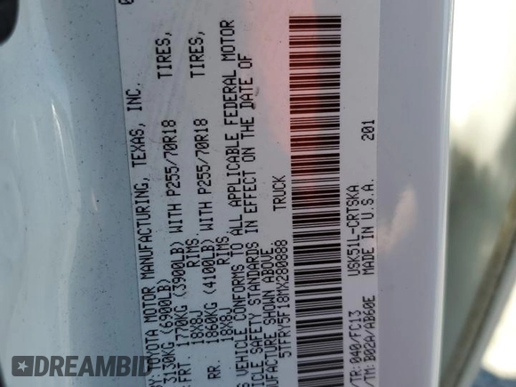 2021 Toyota Tundra SR with VIN 5TFRY5F18MX280888, listed as a Copart auction lot 48554635 with 141,882 mi miles and Non repairable. Bid and sale history available at DreamBid. Image 12.