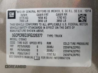 2015 Chevrolet Silverado 1500 LT with VIN 3GCPCREC0FG226377, listed as a Copart auction lot 55690185 with 116,141 mi miles and Salvage Title. Bid and sale history available at DreamBid. Image 14.