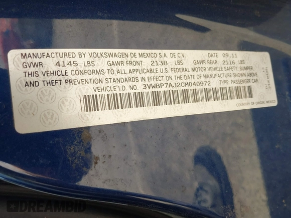 2012 Volkswagen Jetta SE with VIN 3VWBP7AJ2CM040972, listed as a IAAI auction lot 42083328 with 169,239 mi miles and . Bid and sale history available at DreamBid. Image 9.