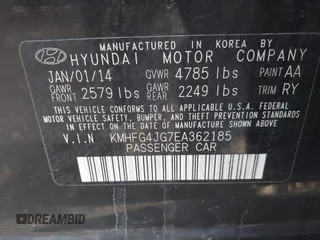 2014 Hyundai Azera with VIN KMHFG4JG7EA362185, listed as a IAAI auction lot 41877622 with 158,689 mi miles and . Bid and sale history available at DreamBid. Image 9.