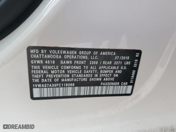 2015 Volkswagen Passat 1.8T Limited Edition with VIN 1VWAS7A39FC115068, listed as a Copart auction lot 51227235 with 159,995 mi miles and Salvage Title. Bid and sale history available at carsss.com. Image 15.