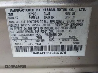 2004 Nissan Maxima SL with VIN 1N4BA41E64C837076, listed as a IAAI auction lot 42003843 with Not Provided miles and . Bid and sale history available at DreamBid. Image 9.