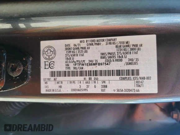 2021 Ford F-150 XL с VIN 1FTFW1E88MFB97547, выставлен на аукционе Copart как лот 62091295 с пробегом 42 654 миль миль и Списание • Salvage title. История ставок и продаж доступна на DreamBid. Изображение 12.