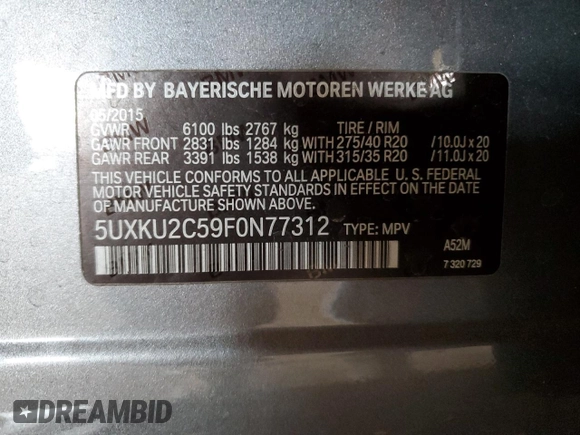 2015 BMW X6 xDrive35i with VIN 5UXKU2C59F0N77312, listed as a Copart auction lot 63591123 with 121,105 mi miles. Bid and sale history available at carsss.com. Image 12.