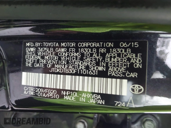2015 Toyota Prius One z VIN JTDKDTB30F1101631, wystawiony jako IAAI lot #42331068 z przebiegiem 156 631 mil mil oraz . Historia ofert i sprzedaży dostępna na DreamBid. Obrazek 9.