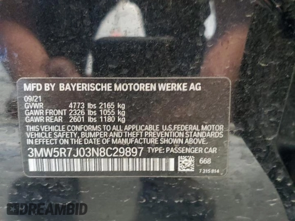 2022 BMW 3 Series 330i xDrive с VIN 3MW5R7J03N8C29897, выставлен на аукционе Copart как лот 57121585 с пробегом 29 303 миль миль и Списание • Salvage title. История ставок и продаж доступна на DreamBid. Изображение 12.