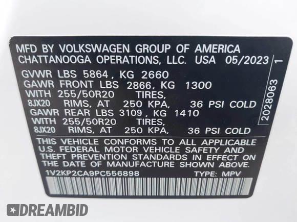 2023 Volkswagen Atlas SE with VIN 1V2KP2CA9PC556898, listed as a IAAI auction lot 40714688 with 53,598 mi miles and . Bid and sale history available at DreamBid. Image 9.