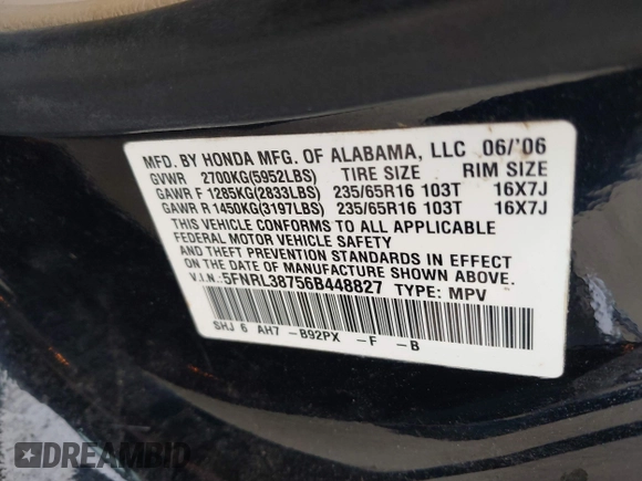 2006 Honda Odyssey EX-L with VIN 5FNRL38756B448827, listed as a IAAI auction lot 41952352 with 108,771 mi miles. Bid and sale history available at carsss.com. Image 9.